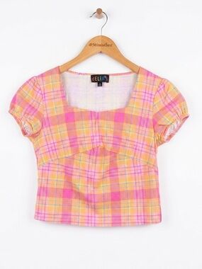dELiA*s Plaid Crop Top Pink Orange Yellow Puff Sleeve Square Neck Size S